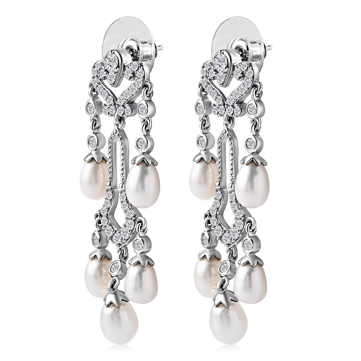 White Freshwater Pearl and Moissanite Statement Chandelier Drop Earrings in Rhodium Over Sterling Silver 2.00 ctw image number 3