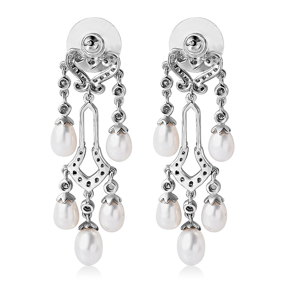 White Freshwater Pearl and Moissanite Statement Chandelier Drop Earrings in Rhodium Over Sterling Silver 2.00 ctw