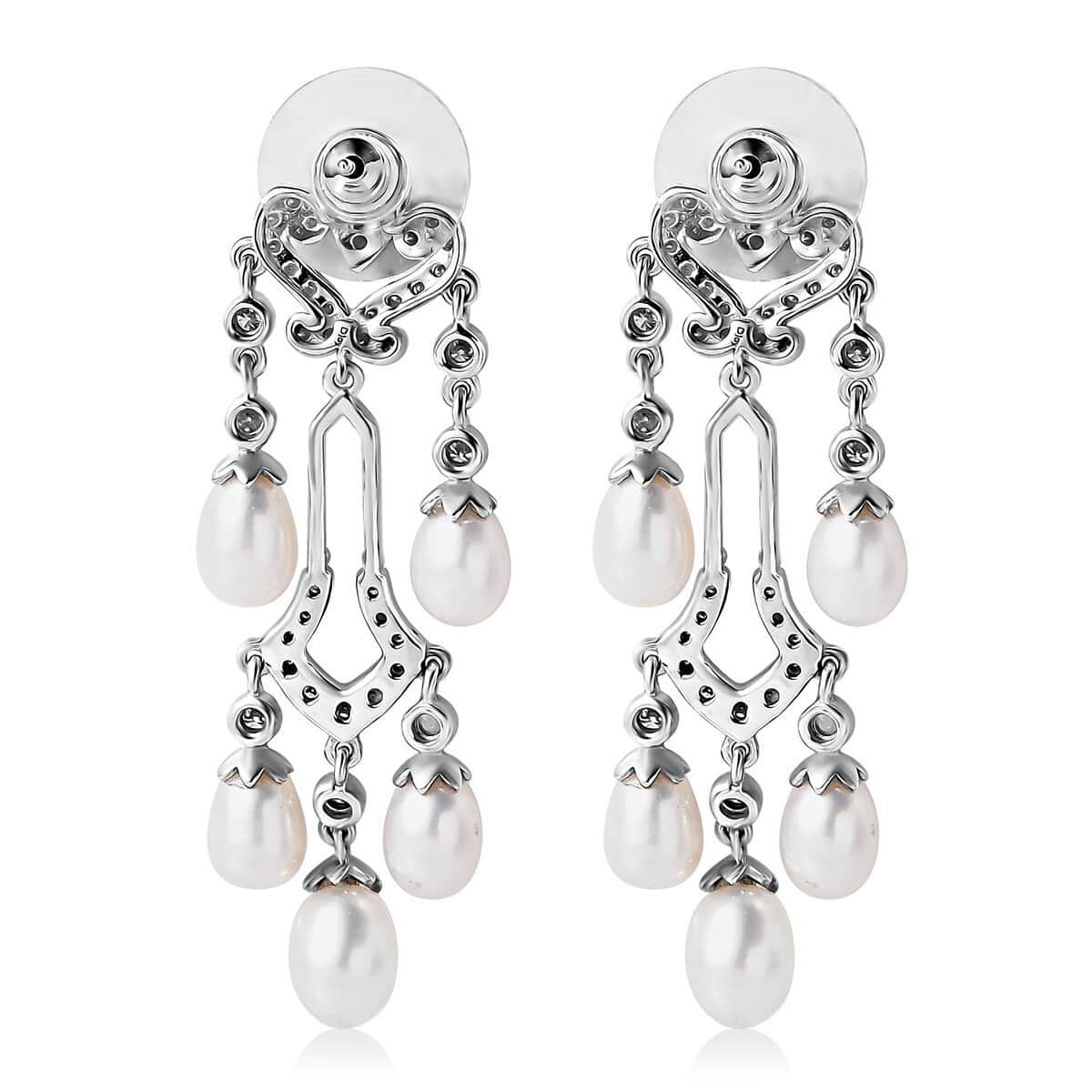 White Freshwater Pearl and Moissanite Statement Chandelier Drop Earrings in Rhodium Over Sterling Silver 2.00 ctw image number 4