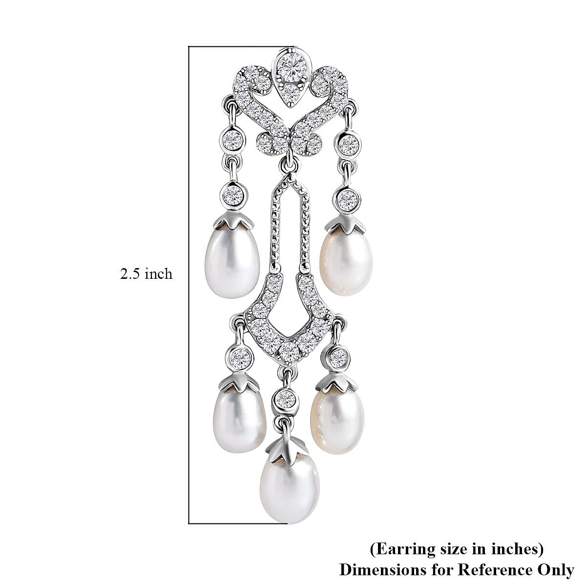 White Freshwater Pearl and Moissanite Statement Chandelier Drop Earrings in Rhodium Over Sterling Silver 2.00 ctw