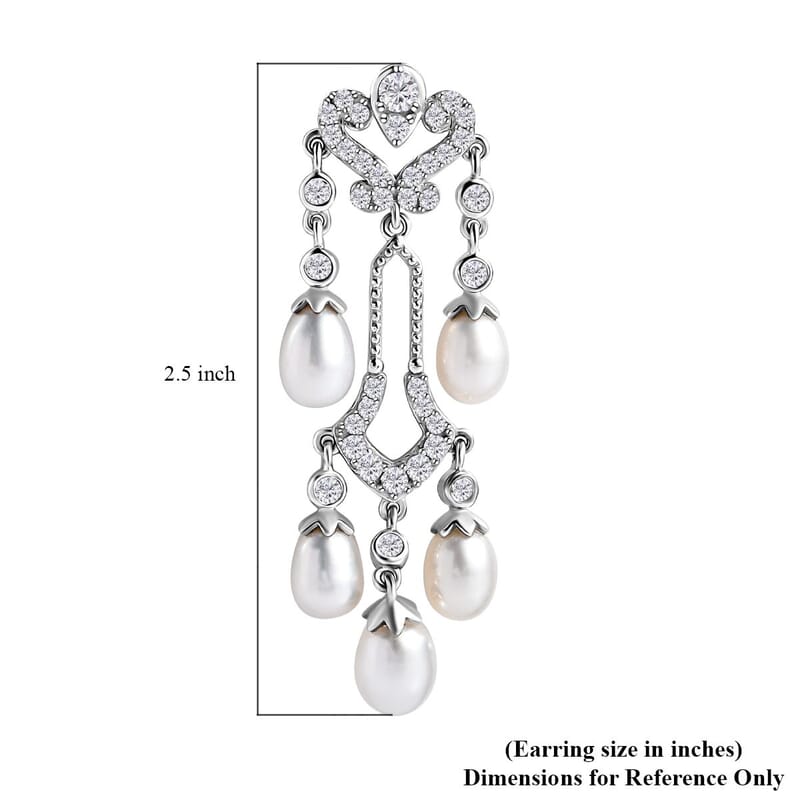 White Freshwater Pearl and Moissanite Statement Chandelier Drop Earrings in Rhodium Over Sterling Silver 2.00 ctw