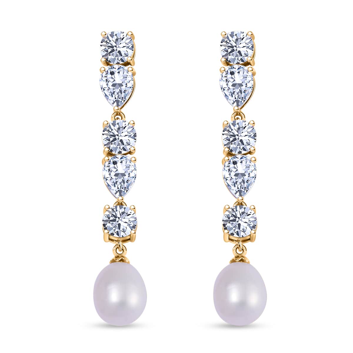 White Freshwater Cultured Pearl and Simulated Diamond 3.10 ctw Earrings in 14K Yellow Over Sterling Silver image number 0