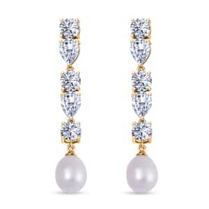 White Freshwater Cultured Pearl and Simulated Diamond 3.10 ctw Earrings in 14K Yellow Over Sterling Silver