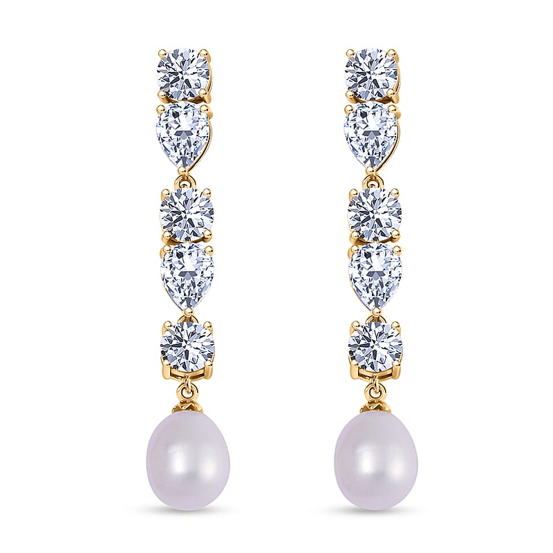 White Freshwater Cultured Pearl and Simulated Diamond 3.10 ctw Earrings in 14K Yellow Over Sterling Silver