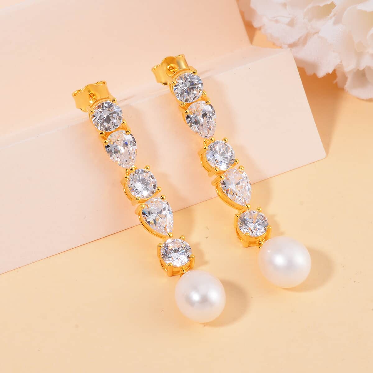 White Freshwater Cultured Pearl and Simulated Diamond 3.10 ctw Earrings in 14K Yellow Over Sterling Silver image number 1