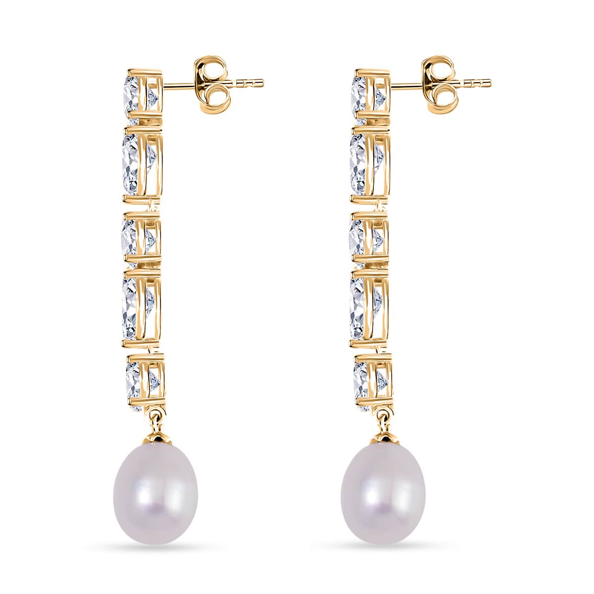 White Freshwater Cultured Pearl and Simulated Diamond 3.10 ctw Earrings in 14K Yellow Over Sterling Silver image number 3