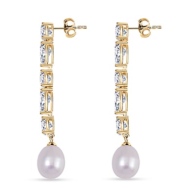 White Freshwater Cultured Pearl and Simulated Diamond 3.10 ctw Earrings in 14K Yellow Over Sterling Silver