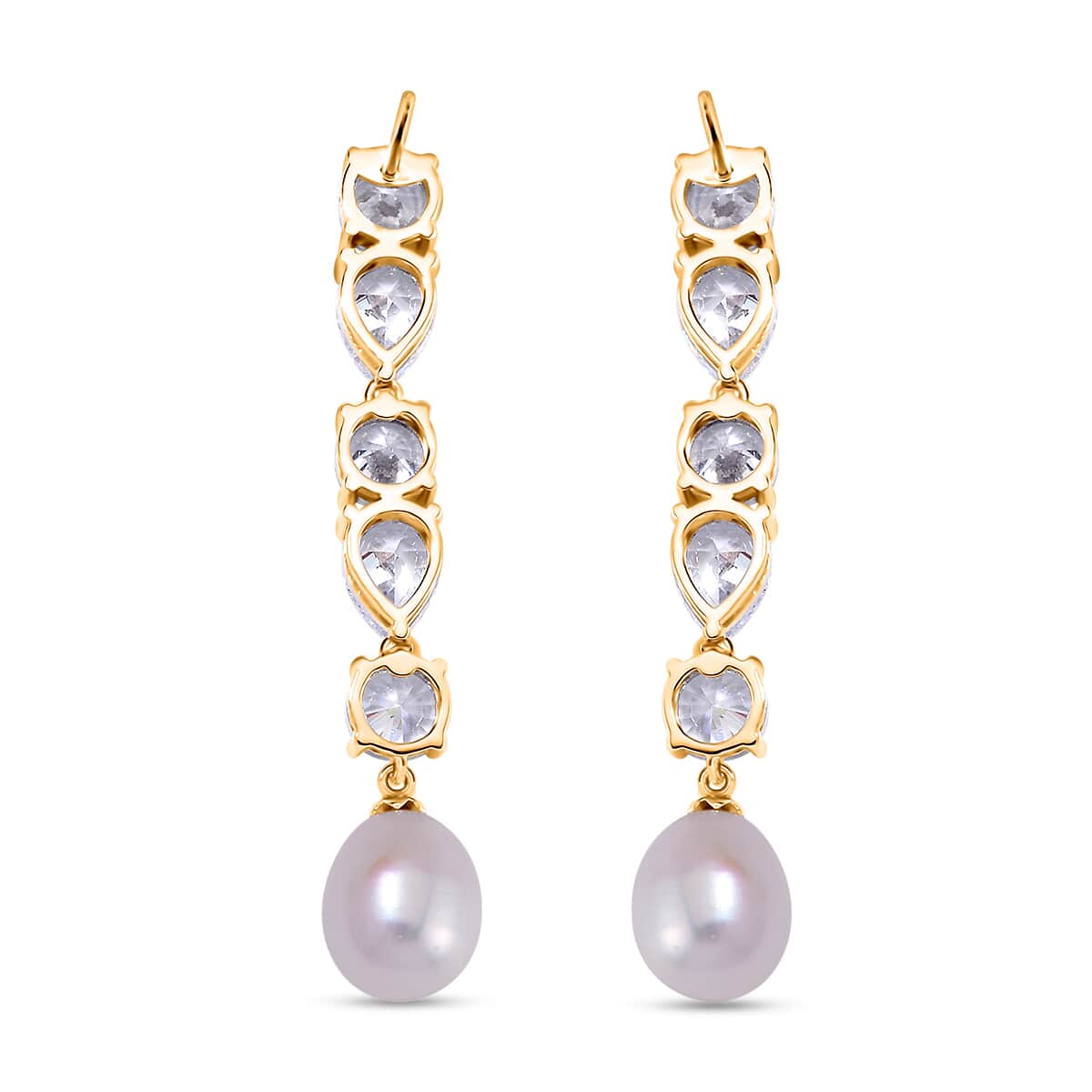 White Freshwater Cultured Pearl and Simulated Diamond 3.10 ctw Earrings in 14K Yellow Over Sterling Silver image number 4