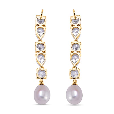 White Freshwater Cultured Pearl and Simulated Diamond 3.10 ctw Earrings in 14K Yellow Over Sterling Silver