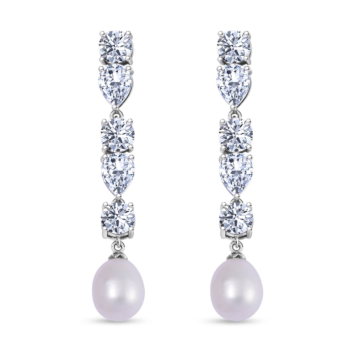 White Freshwater Cultured Pearl and Simulated Diamond 3.10 ctw Earrings in Rhodium Over Sterling Silver image number 0