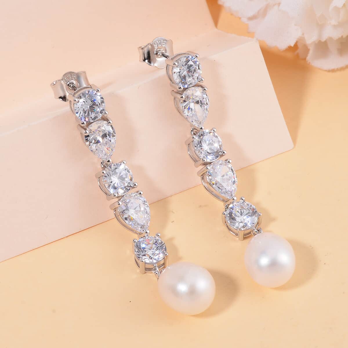 White Freshwater Cultured Pearl and Simulated Diamond 3.10 ctw Earrings in Rhodium Over Sterling Silver image number 1