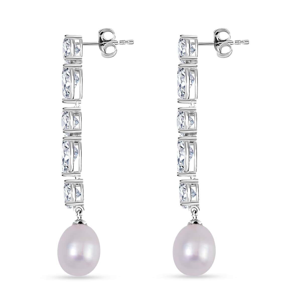 White Freshwater Cultured Pearl and Simulated Diamond 3.10 ctw Earrings in Rhodium Over Sterling Silver image number 3