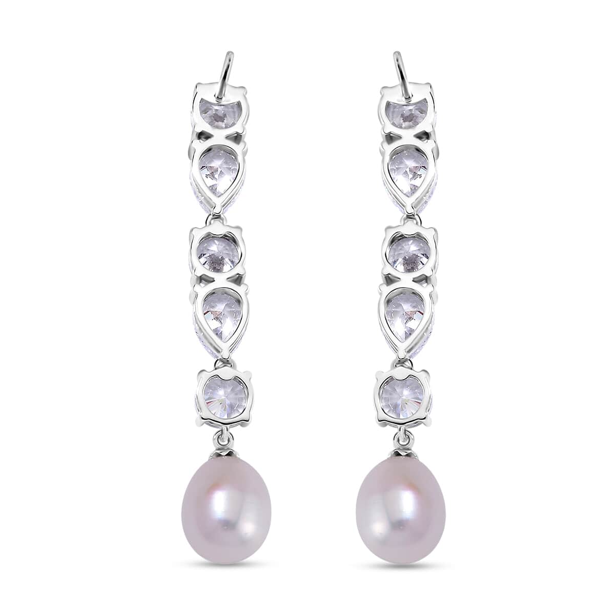 White Freshwater Cultured Pearl and Simulated Diamond 3.10 ctw Earrings in Rhodium Over Sterling Silver image number 4