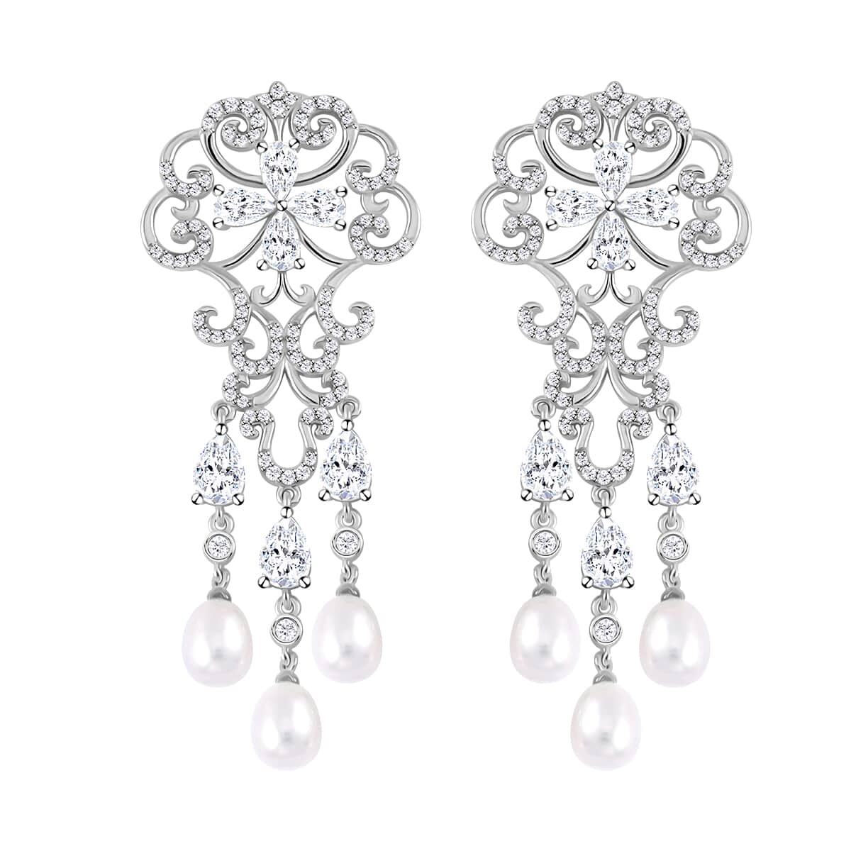 White Freshwater Cultured Pearl and Simulated Diamond 1.00 ctw Earrings in Rhodium Over Sterling Silver image number 0