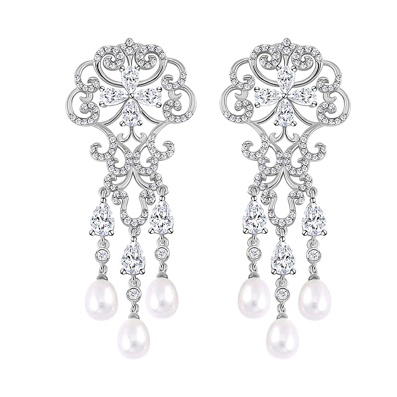 White Freshwater Cultured Pearl and Simulated Diamond 1.00 ctw Earrings in Rhodium Over Sterling Silver