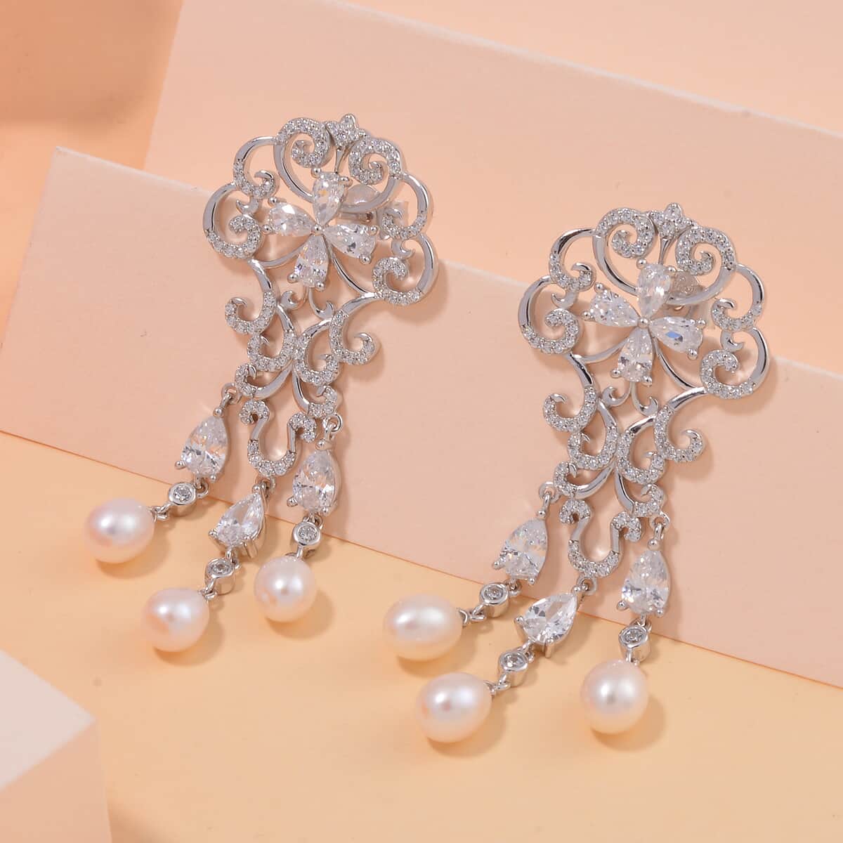 White Freshwater Cultured Pearl and Simulated Diamond 1.00 ctw Earrings in Rhodium Over Sterling Silver image number 1