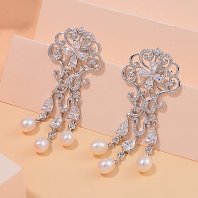 White Freshwater Cultured Pearl and Simulated Diamond 1.00 ctw Earrings in Rhodium Over Sterling Silver