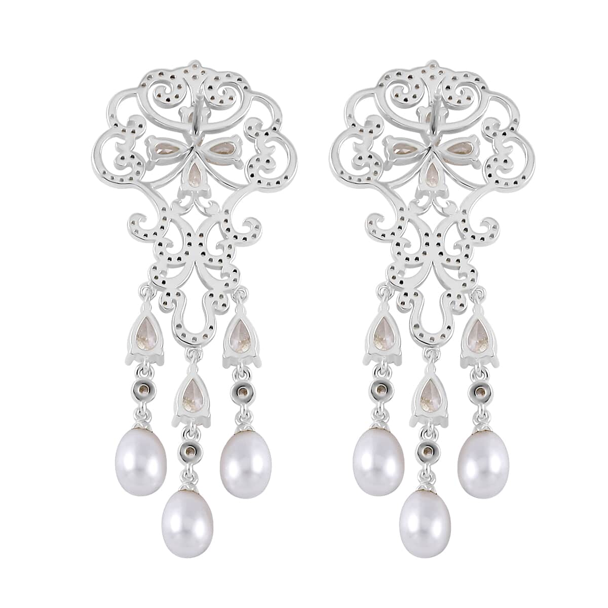 White Freshwater Cultured Pearl and Simulated Diamond 1.00 ctw Earrings in Rhodium Over Sterling Silver image number 3