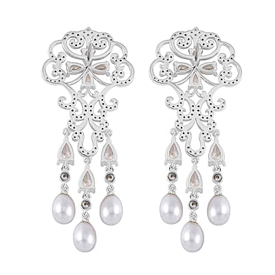 White Freshwater Cultured Pearl and Simulated Diamond 1.00 ctw Earrings in Rhodium Over Sterling Silver