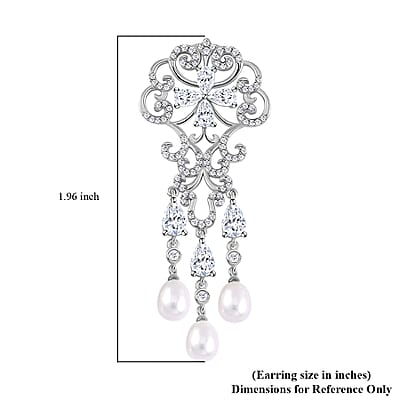White Freshwater Cultured Pearl and Simulated Diamond 1.00 ctw Earrings in Rhodium Over Sterling Silver