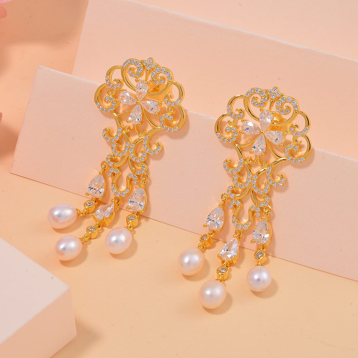 White Freshwater Cultured Pearl and Simulated Diamond 1.00 ctw Earrings in Yellow Rhodium Over Sterling Silver image number 1