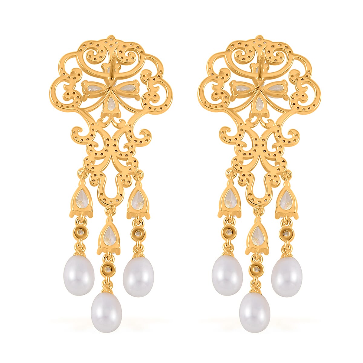 White Freshwater Cultured Pearl and Simulated Diamond 1.00 ctw Earrings in Yellow Rhodium Over Sterling Silver image number 3