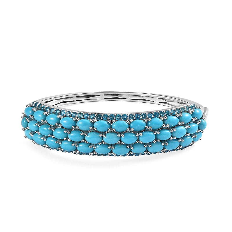 Sleeping Beauty Turquoise and Malgache Neon Apatite 18.30 ctw Cuff Bangle in Platinum Over Sterling Silver 7.25 Inches