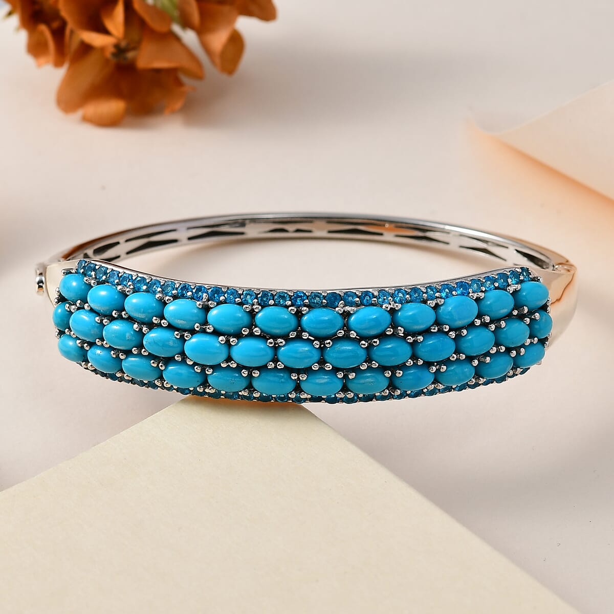 Sleeping Beauty Turquoise and Malgache Neon Apatite 18.30 ctw Cuff Bangle in Platinum Over Sterling Silver 7.25 Inches image number 1
