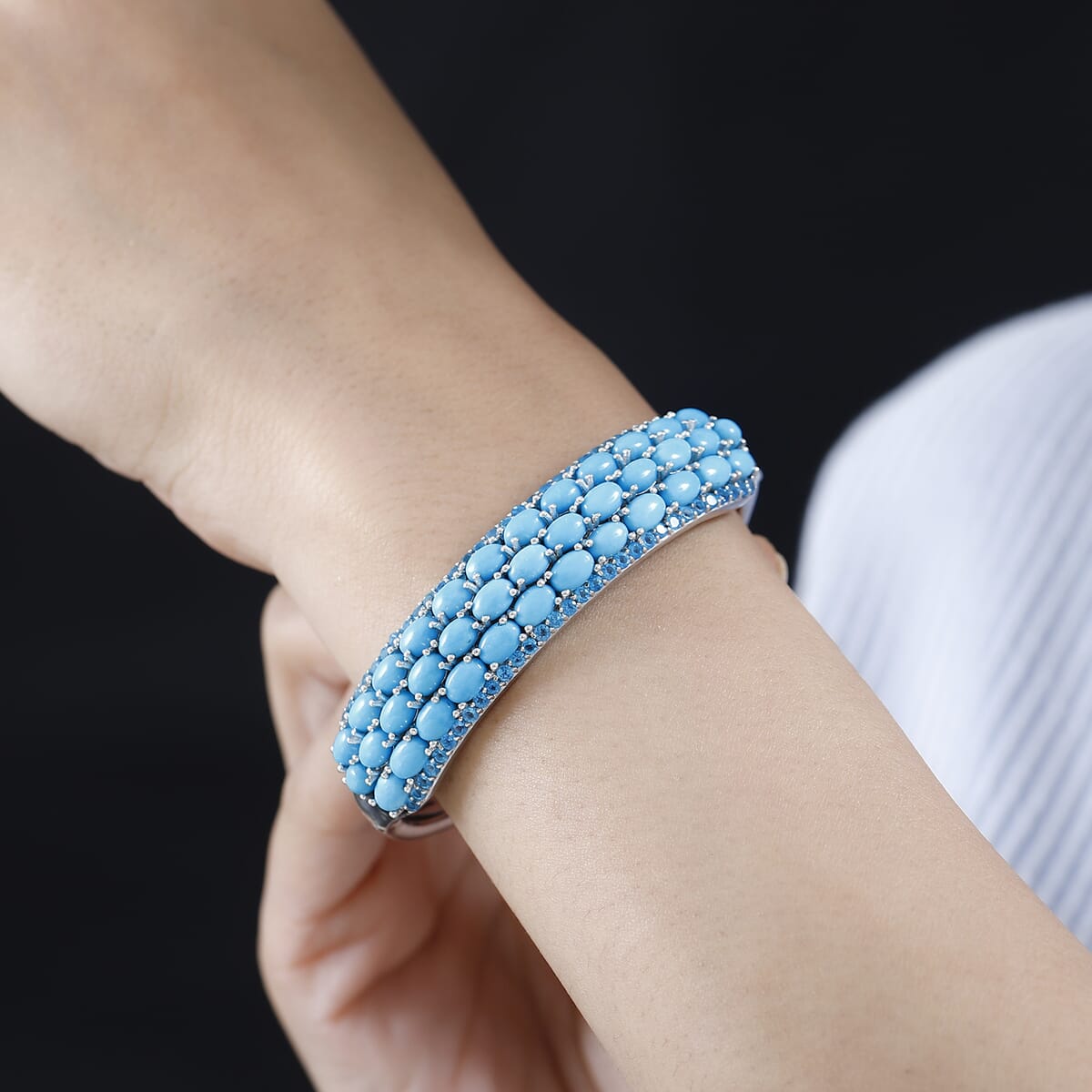 Sleeping Beauty Turquoise and Malgache Neon Apatite 18.30 ctw Cuff Bangle in Platinum Over Sterling Silver 7.25 Inches image number 2