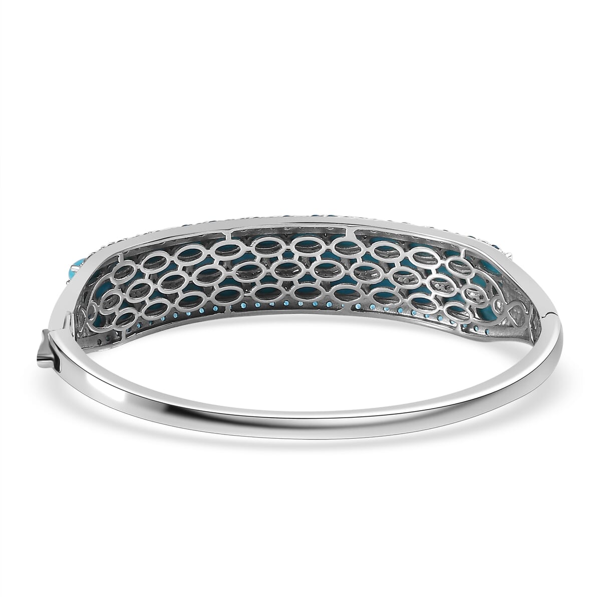 Sleeping Beauty Turquoise and Malgache Neon Apatite 18.30 ctw Cuff Bangle in Platinum Over Sterling Silver 7.25 Inches image number 4
