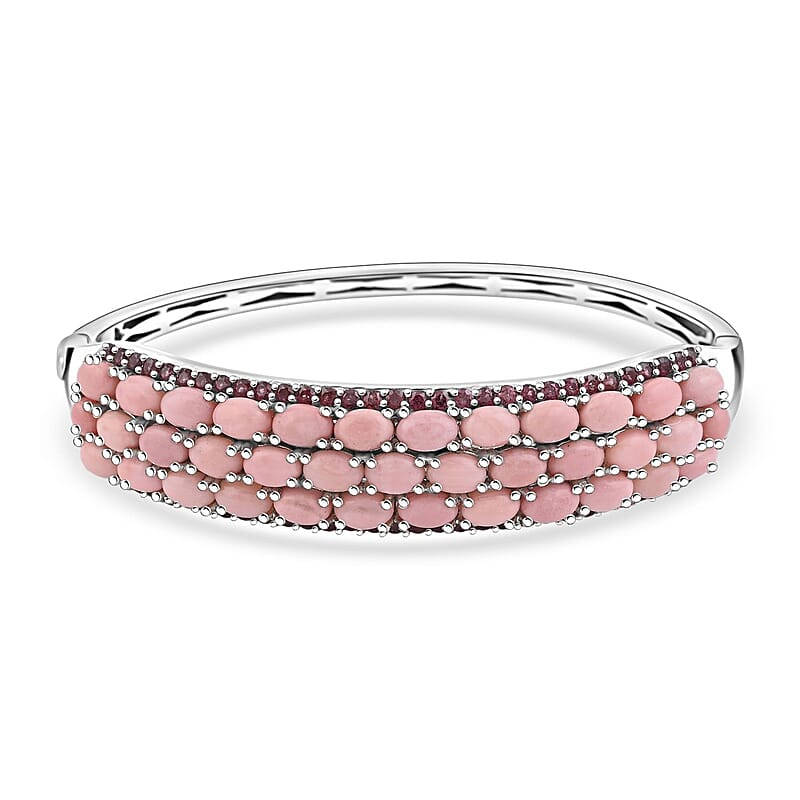 Peach Opal and Orissa Rhodolite Garnet 16.00 ctw Cuff Bangle in Platinum Over Sterling Silver 7.25 Inches