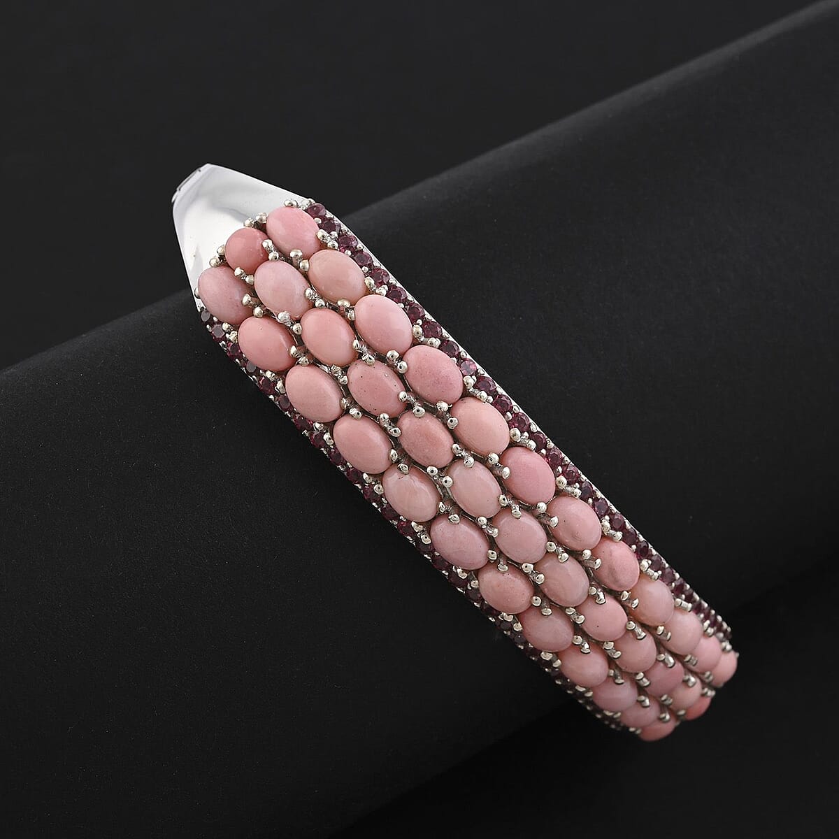 Peach Opal and Orissa Rhodolite Garnet 16.00 ctw Cuff Bangle in Platinum Over Sterling Silver 7.25 Inches image number 1