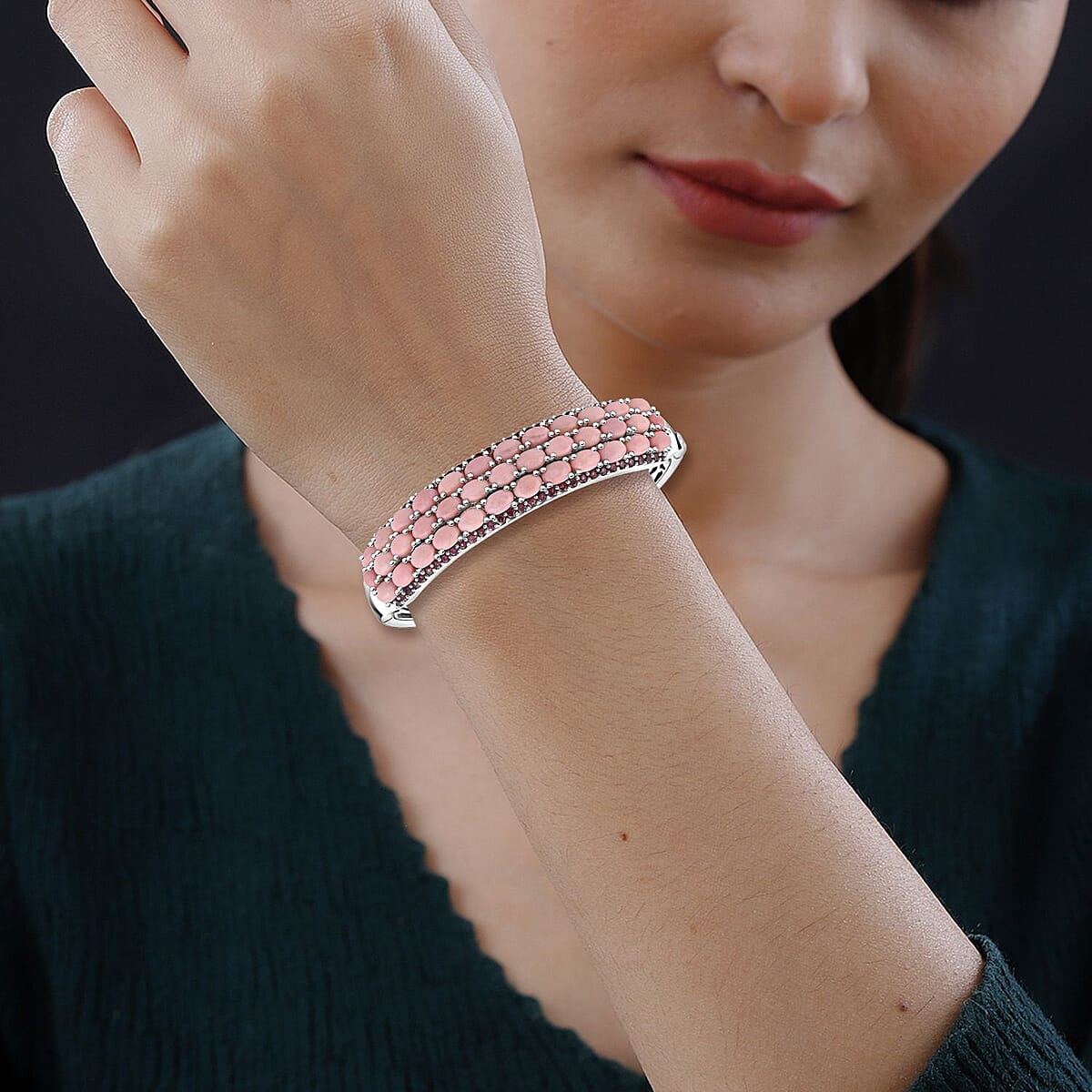 Peach Opal and Orissa Rhodolite Garnet 16.00 ctw Cuff Bangle in Platinum Over Sterling Silver 7.25 Inches image number 2
