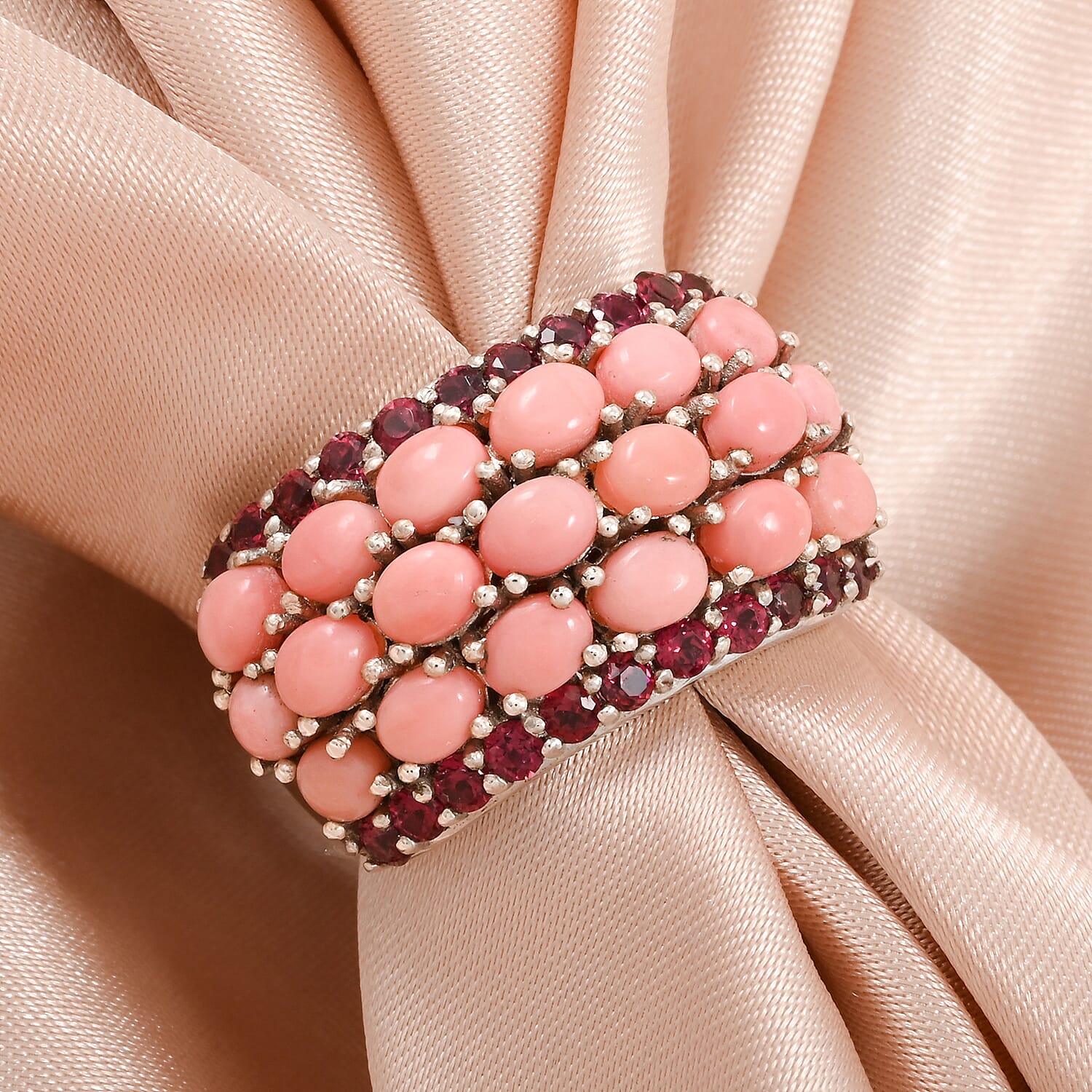 Peach Opal and Orissa Rhodolite Garnet 3.85 ctw Ring in Platinum Over Sterling Silver (Size 7.0)