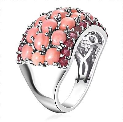 Peach Opal and Orissa Rhodolite Garnet 3.85 ctw Ring in Platinum Over Sterling Silver (Size 7.0)