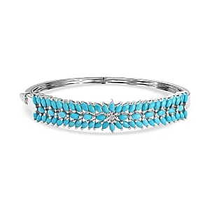 Sleeping Beauty Turquoise and White Zircon 8.00 ctw Bangle Bracelet in Platinum Over Sterling Silver (8 In) (23.36 g)