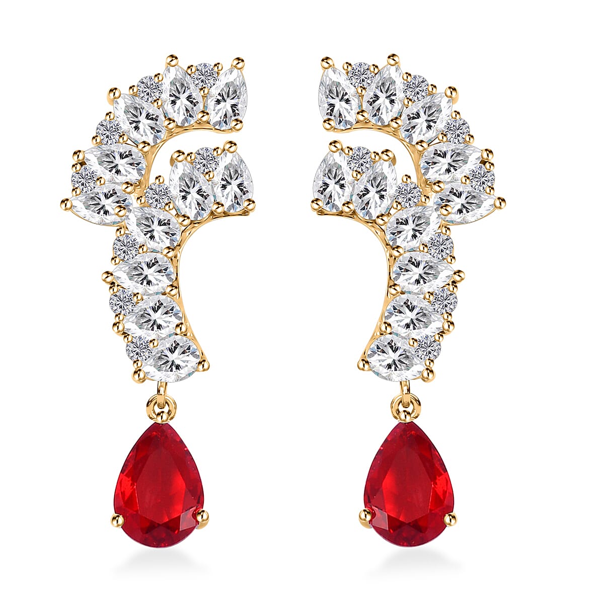 Lustro Stella Finest Red and White CZ Drop Earrings in 14K Yellow Gold Over Sterling Silver