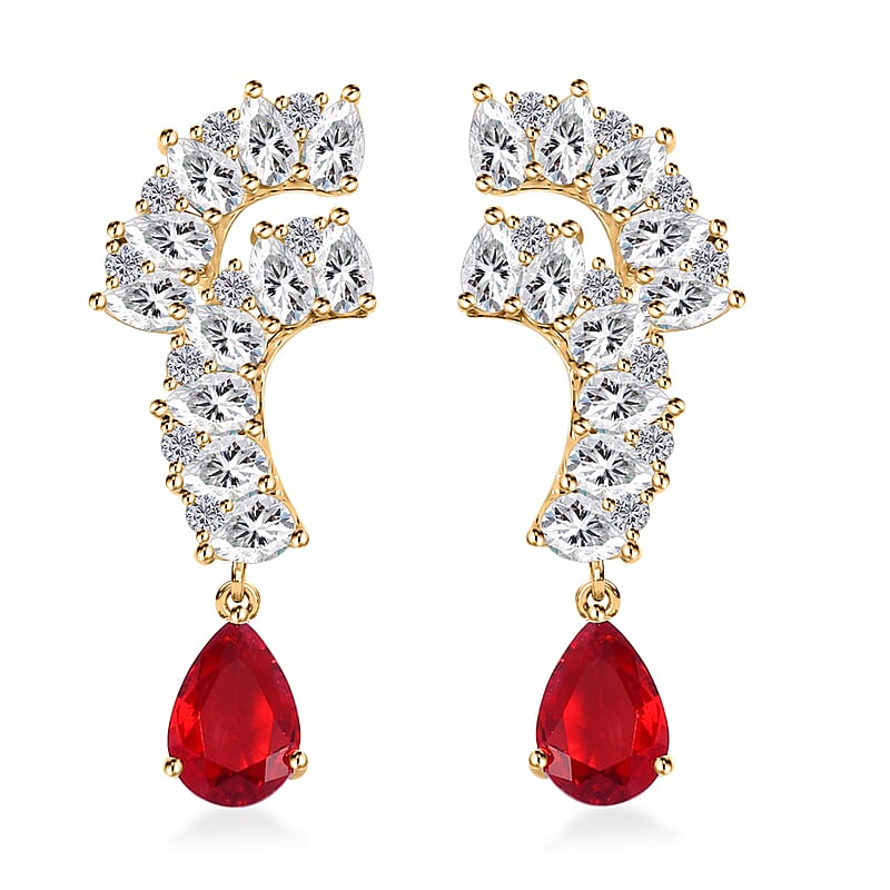 Lustro Stella Finest Red and White CZ Drop Earrings in 14K Yellow Gold Over Sterling Silver