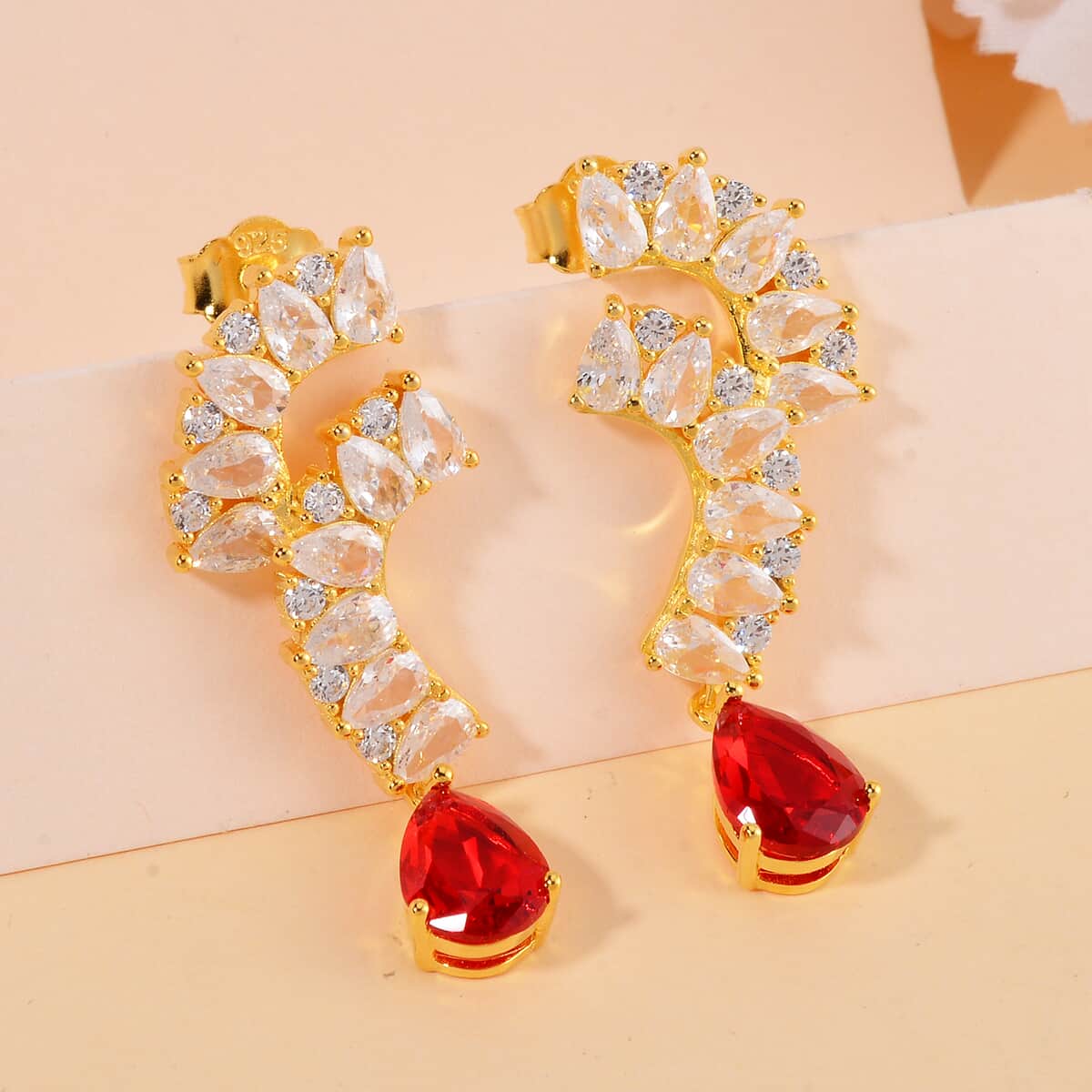 Lustro Stella Finest Red and White CZ Drop Earrings in 14K Yellow Gold Over Sterling Silver image number 1