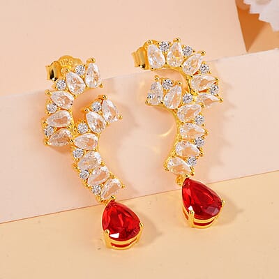 Lustro Stella Finest Red and White CZ Drop Earrings in 14K Yellow Gold Over Sterling Silver