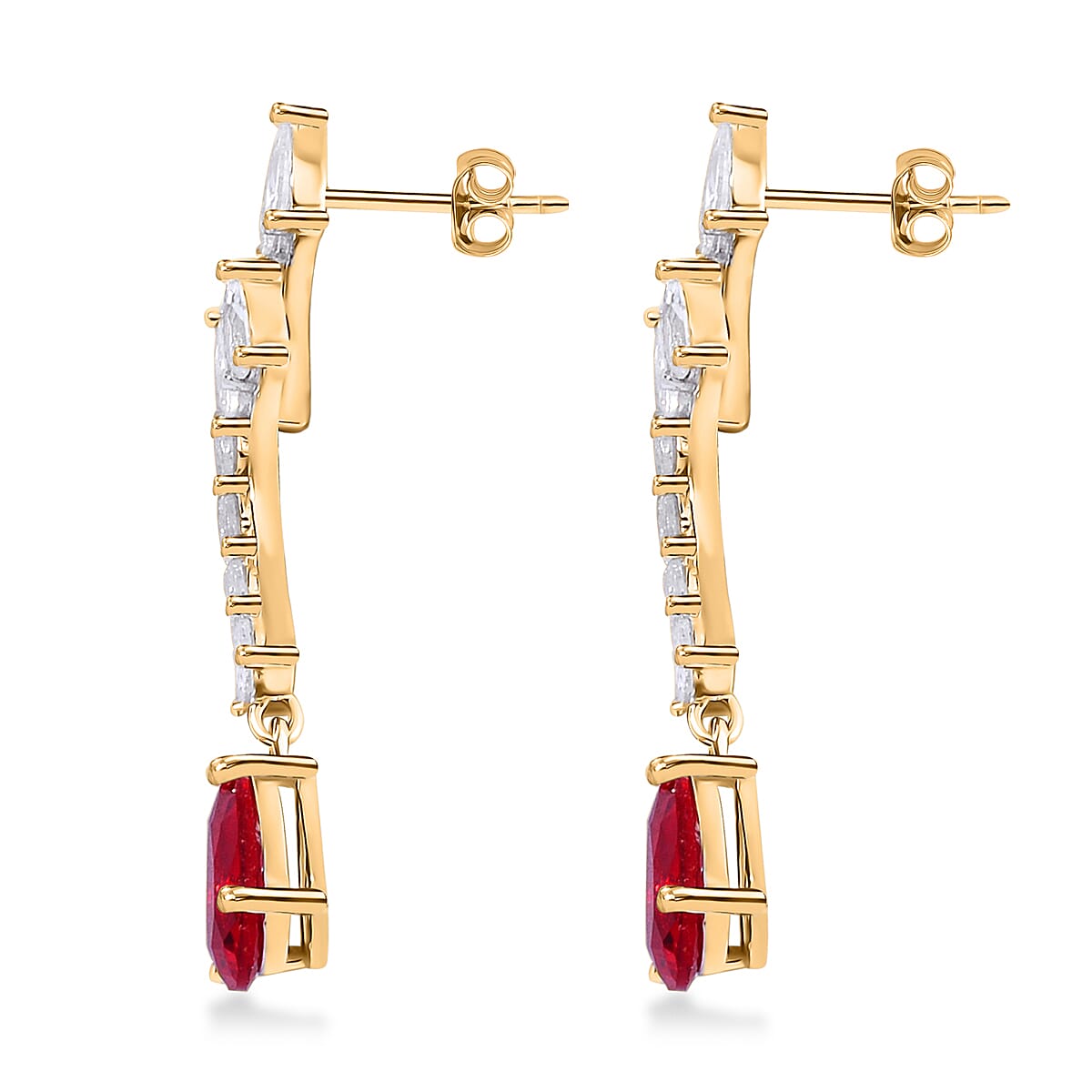 Lustro Stella Finest Red and White CZ Drop Earrings in 14K Yellow Gold Over Sterling Silver