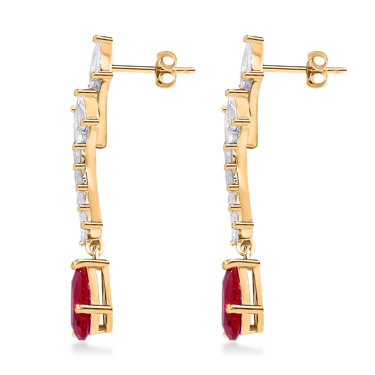 Lustro Stella Finest Red and White CZ Drop Earrings in 14K Yellow Gold Over Sterling Silver image number 3