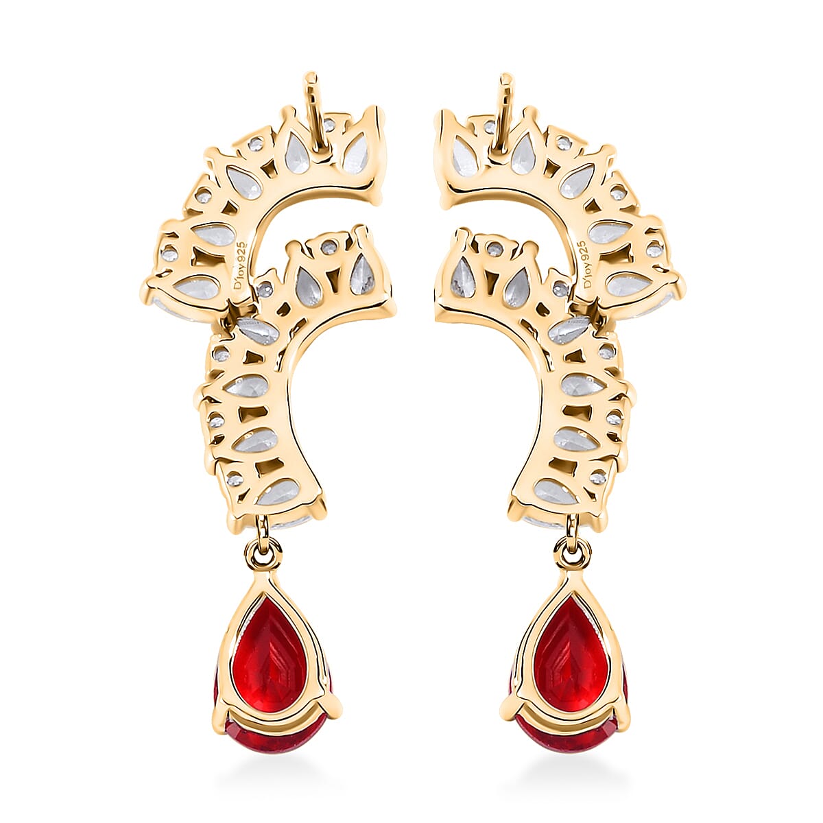 Lustro Stella Finest Red and White CZ Drop Earrings in 14K Yellow Gold Over Sterling Silver