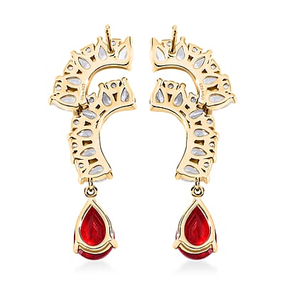 Lustro Stella Finest Red and White CZ Drop Earrings in 14K Yellow Gold Over Sterling Silver