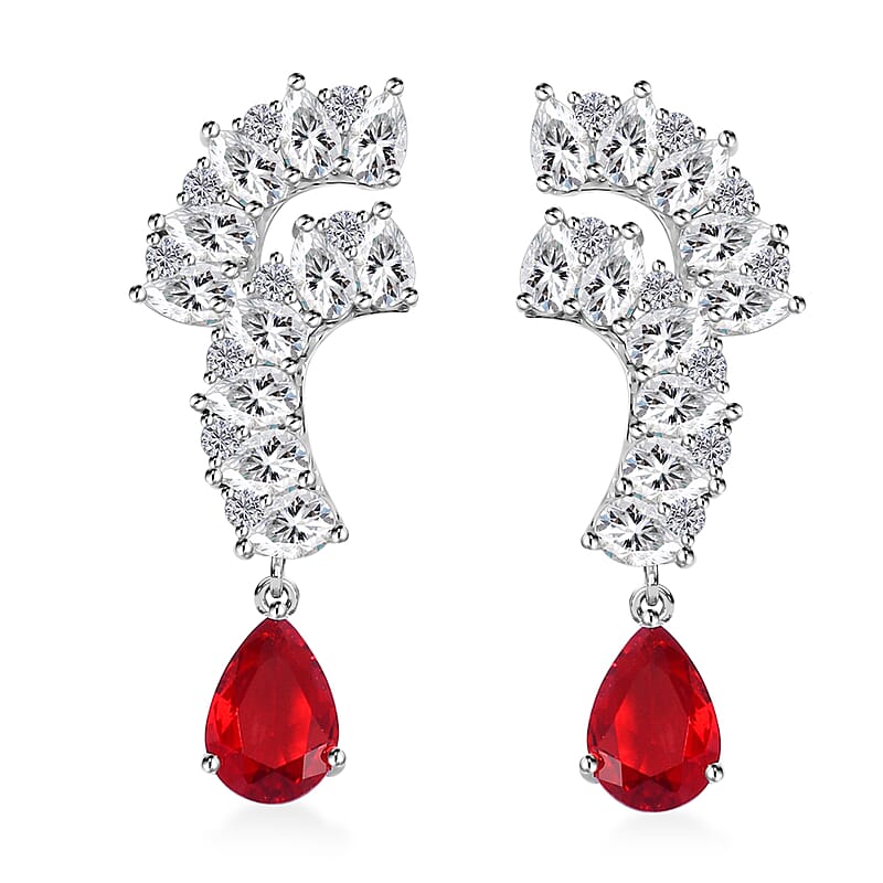 Lustro Stella Finest Red and White CZ Drop Earrings in Rhodium Over Sterling Silver