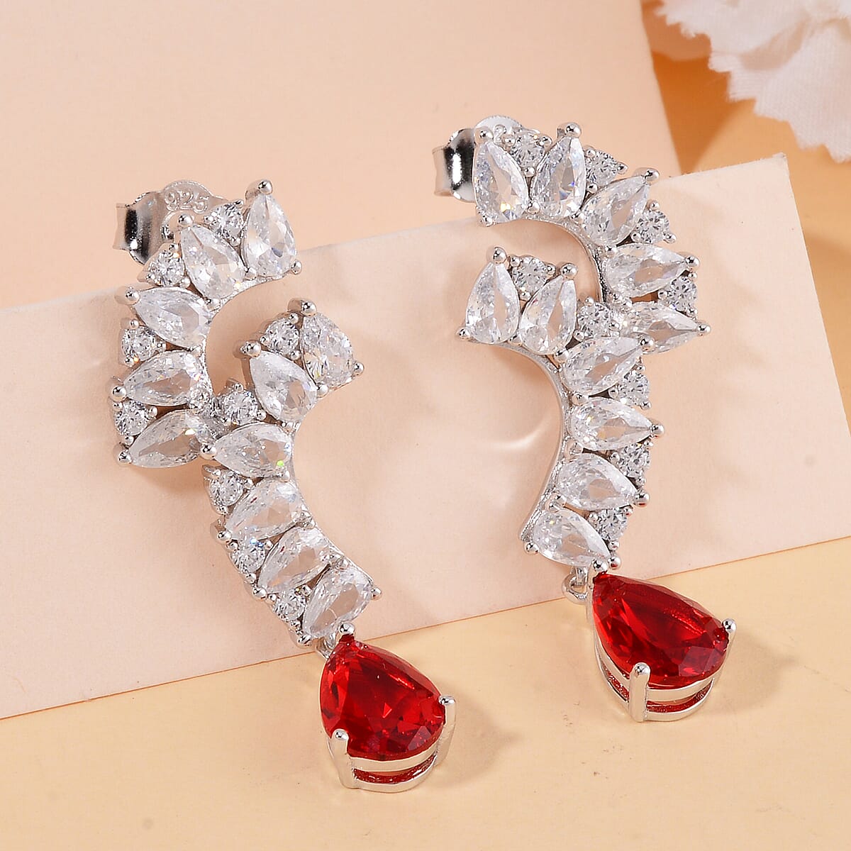 Lustro Stella Finest Red and White CZ Drop Earrings in Rhodium Over Sterling Silver image number 1