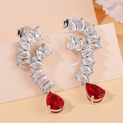 Lustro Stella Finest Red and White CZ Drop Earrings in Rhodium Over Sterling Silver