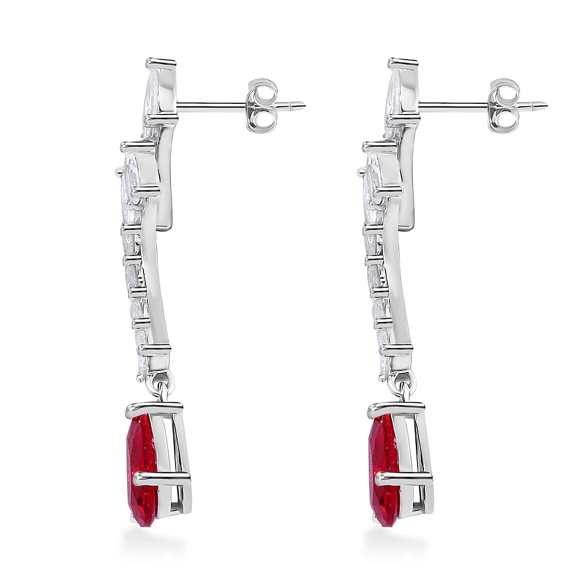 Lustro Stella Finest Red and White CZ Drop Earrings in Rhodium Over Sterling Silver image number 3