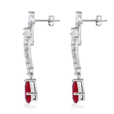 Lustro Stella Finest Red and White CZ Drop Earrings in Rhodium Over Sterling Silver