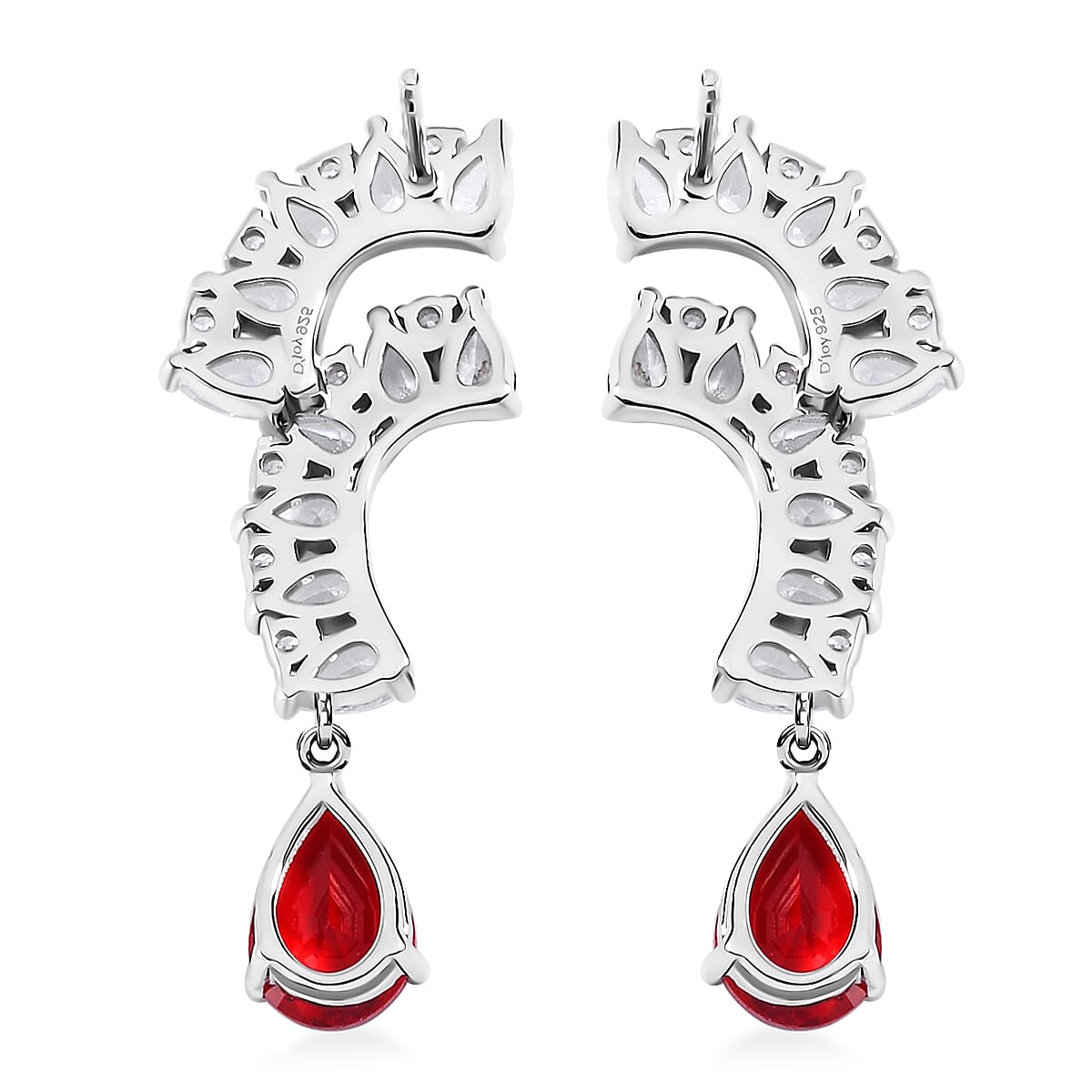 Lustro Stella Finest Red and White CZ Drop Earrings in Rhodium Over Sterling Silver image number 4